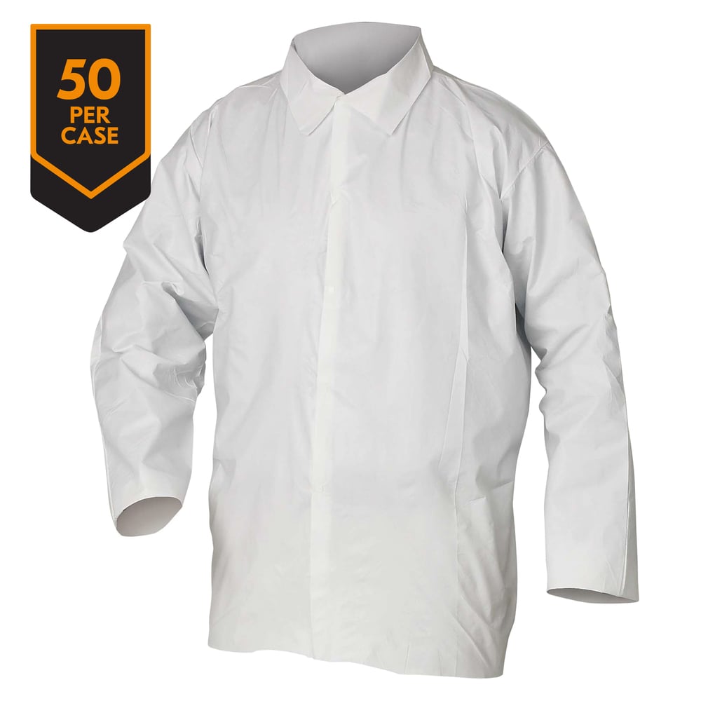 Chemise de protection contre les particules et perméables à l’air Kleenguard A20 (36213), 5 boutons-pression, coutures surjetées, longueur aux hanches, poignets ouverts, blanche, grande, 50/caisse - 36213