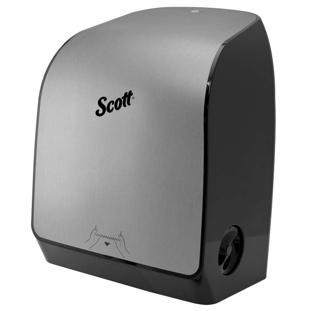 Distributrice manuelle pour essuie-mains en rouleau dur de Scott Pro (35610), pour rouleaux d’essuie-mains à mandrin gris, conception personnalisable, faux acier inoxydable, 12,66 po x 16,44 po x 9,18 po - 35610