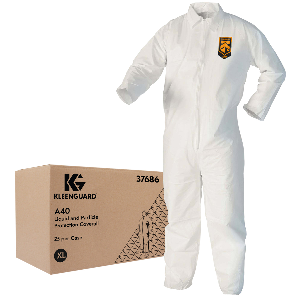 KleenGuard™ A40 Liquid & Particle Protection Coveralls (37686), Zip Front, Open Wrists & Ankles, White, XL, Vending Machine Ready,25 Garments / Case - 37686