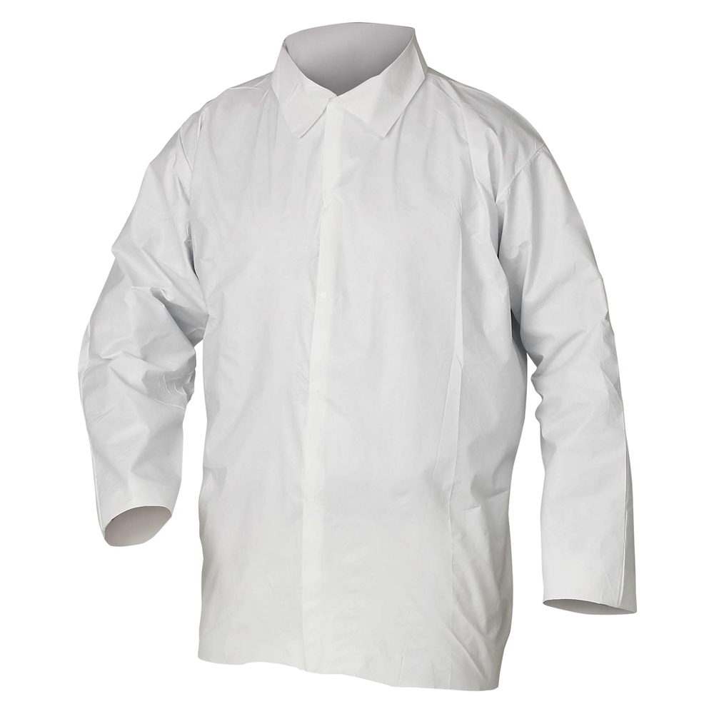 KleenGuard™ A20 Breathable Particle Protection Shirts (36213), 5 Snap Closures, Serged Seams, Hip Length, Open Wrists, White, Large, 50 / Case - 36213