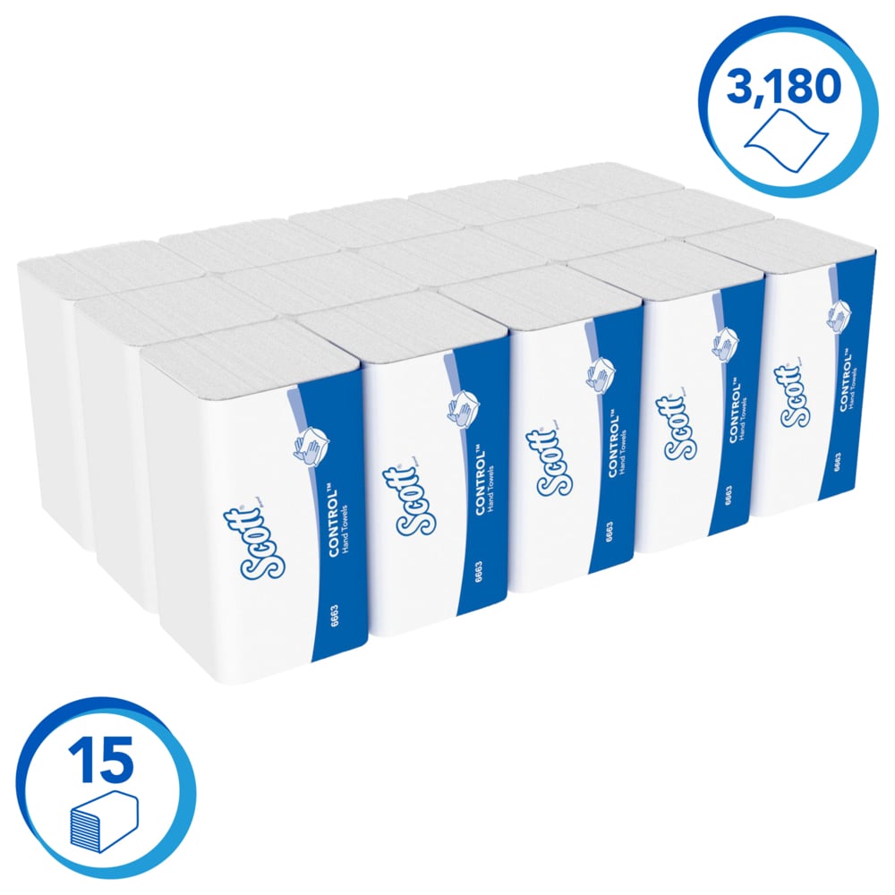 Scott® Control™ ineengevouwen papieren handdoekjes 6663 - M-gevouwen papieren doekjes - 15 verpakkingen x 212 papieren handdoek op rol (3180 stuks in totaal) - 6663