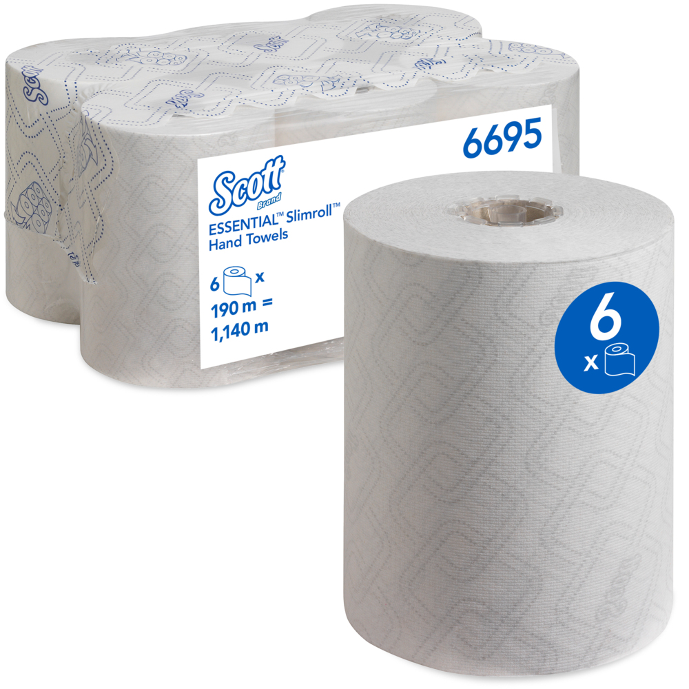 Scott® Essential™ Slimroll™ Rolled Hand Towels 6695 - Rolled Paper Towels - 6 x 190m White Paper Towel Rolls (1,140m total)