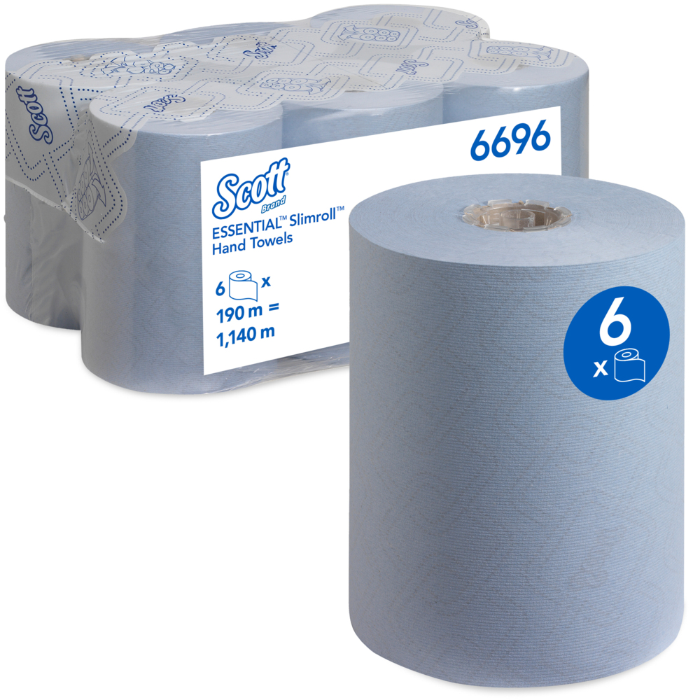Essuie-mains roulés Slimroll™ Scott® Essential™ 6696 - Essuie-mains en papier bleu - 6 x rouleaux d'essuie-mains en papier de 190 m (1 140 m au total) - 6696