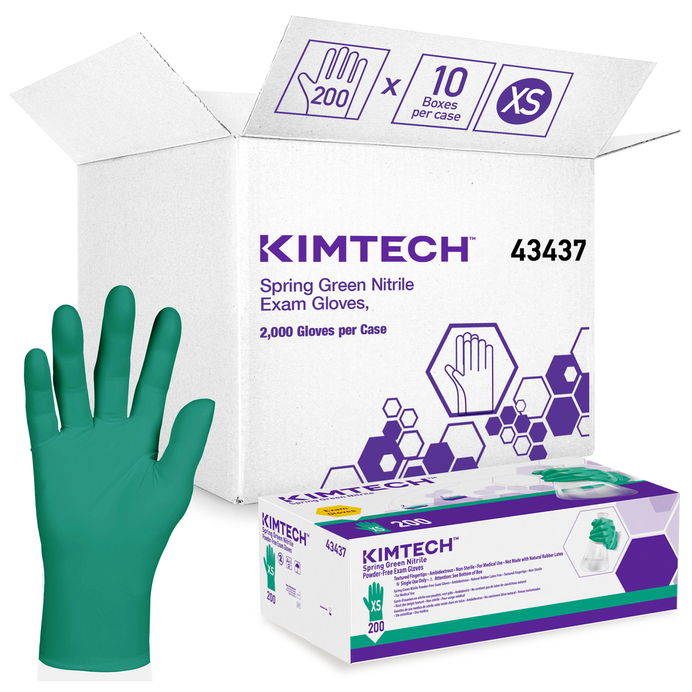 Kimberly-Clark™ Spring Green Nitrile Exam Gloves (43437), 4.7 Mil, Ambidextrous, 9.5”, XS, 200 Nitrile Gloves / Box, 10 Boxes / Case, 2,000 / Case - 43437