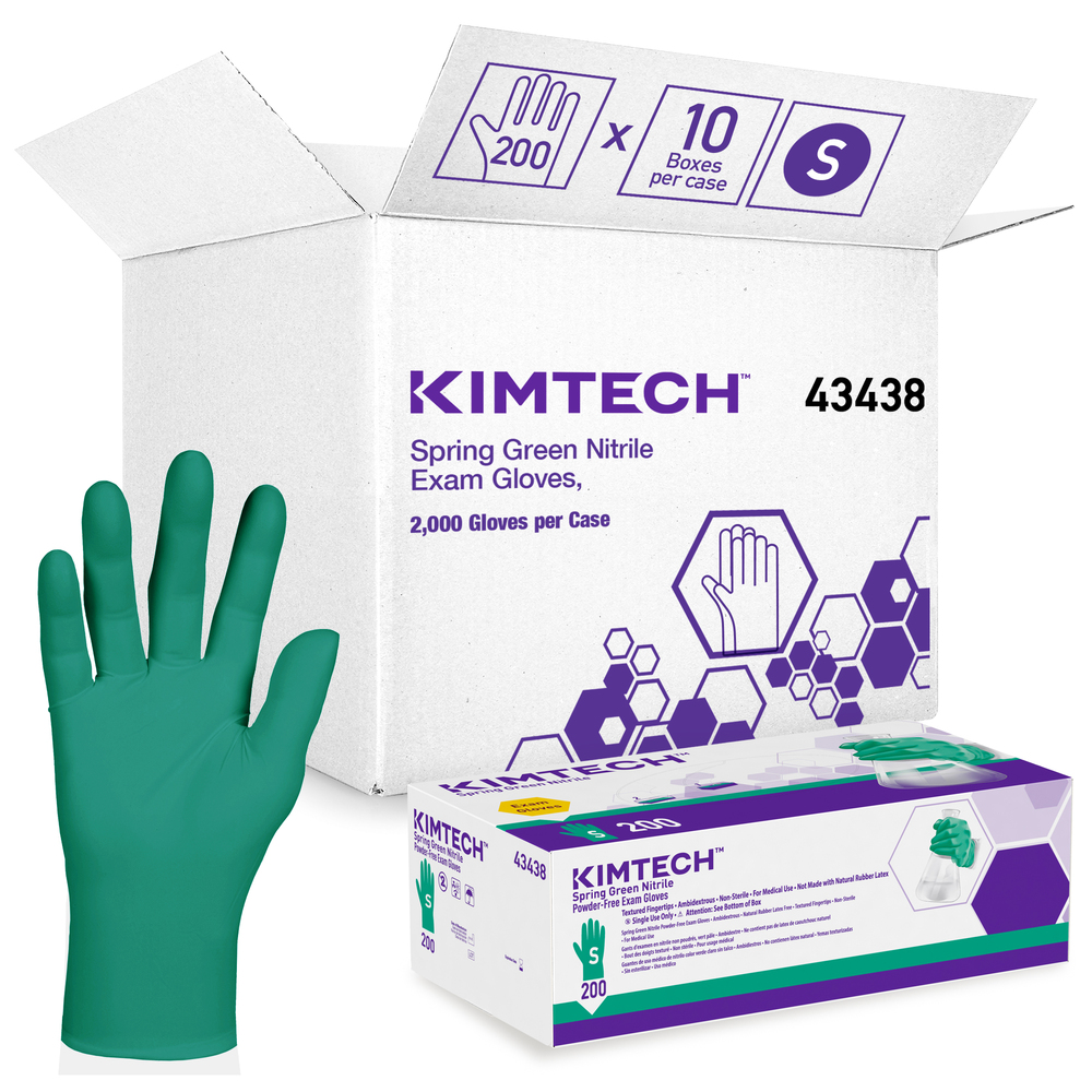 Kimberly-Clark™ Spring Green Nitrile Exam Gloves (43438), 4.7 Mil, Ambidextrous, 9.5”, Small, 200 Nitrile Gloves / Box, 10 Boxes / Case, 2,000 / Case - 43438