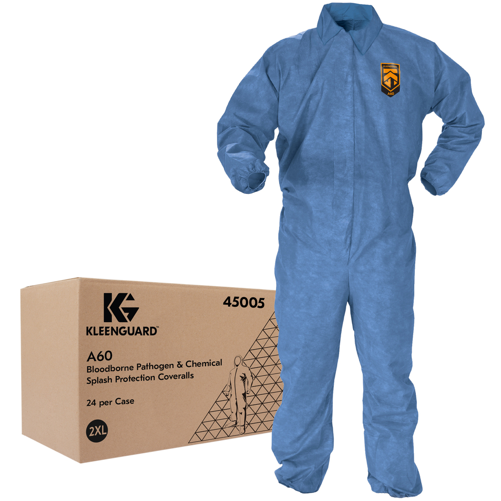 Combinaison résistante aux produits chimiques Kleenguard, combinaison de protection contre les agents pathogènes à diffusion hématogène et les éclaboussures de produits chimiques A60 (45005), 2TG, bleue, 24 vêtements/caisse - 45005