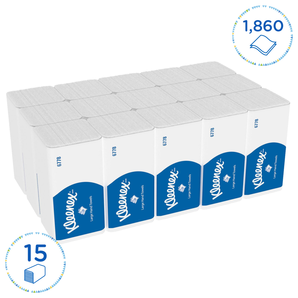 Essuie-mains enchevêtrés grand format Kleenex® 6778 - Essuie-mains 2 épaisseurs pliés en V - 15 paquets x 124 essuie-mains en papier (1 860 au total) - 6778