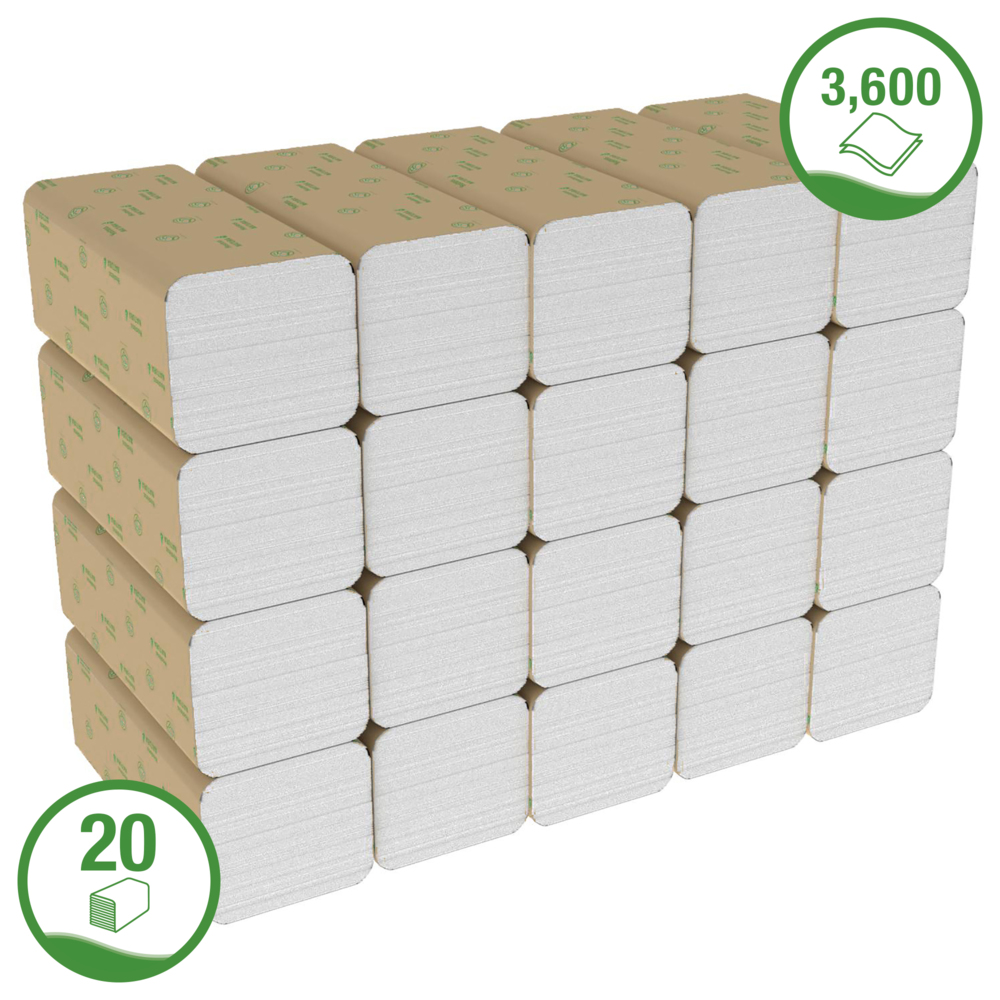 Hostess™ NATURA™ Toallas secamanos plegadas 6811: 20 paquetes x 180 hojas de 2 capas, blanco - 6811