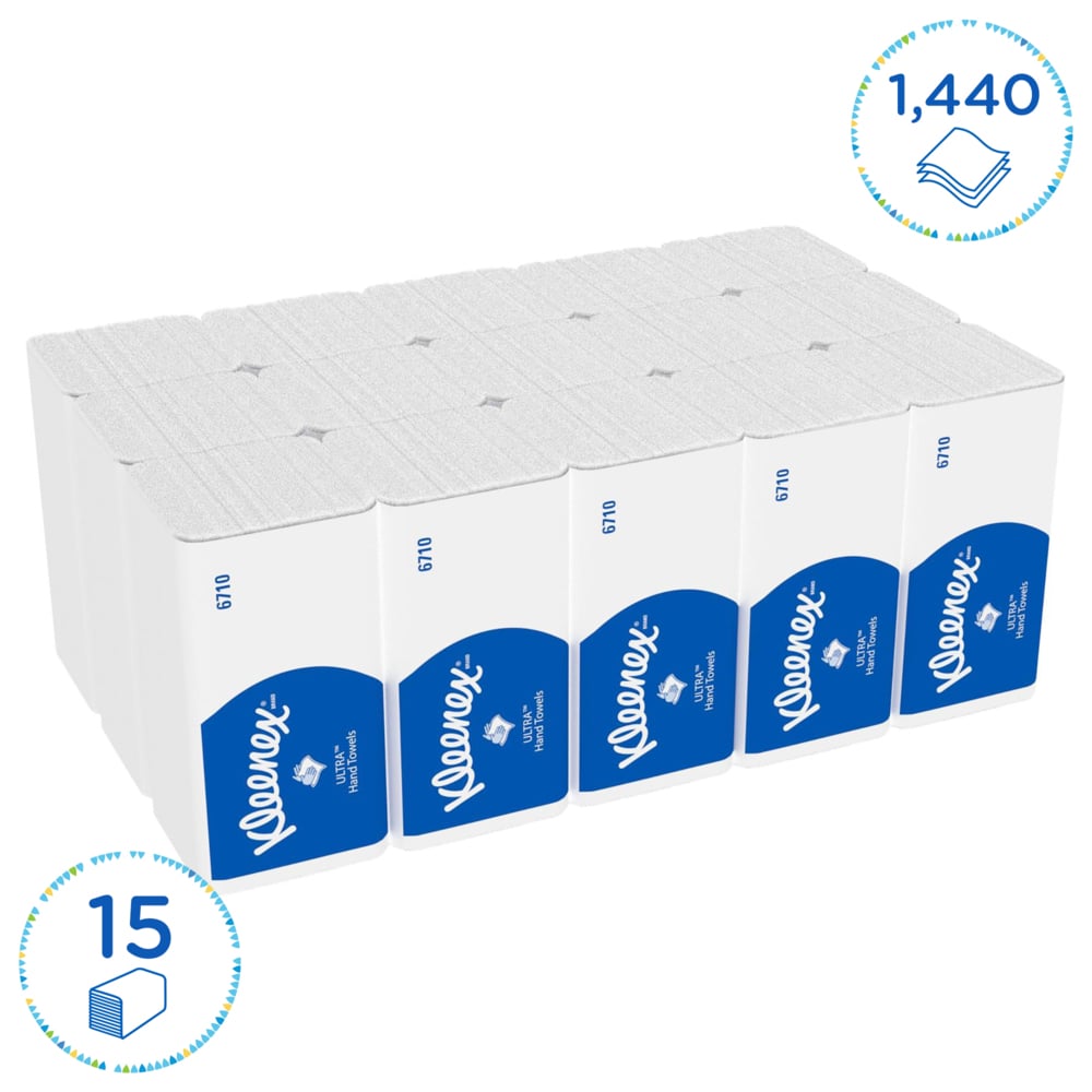 Kleenex® Ultra™ Сложенные полотенца для рук V-Fold, код 6710, 15 упаковок x 96 листов белой, трехслойной бумаги (всего 1440 шт.) - 6710