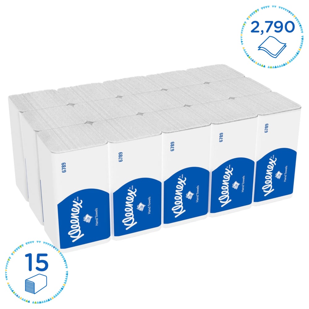 Kleenex® Сложенные полотенца для рук V-Fold, код 6789, 15 упаковок x 186 листов белой, двухслойной бумаги (всего 2790 шт.) - 6789