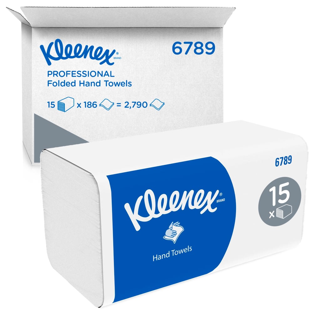 Essuie-mains pliés Kleenex® 6789 - 15 x paquets de 186 feuilles en papier (2 790 au total);Essuie-mains enchevêtrés Kleenex® 6789 - Essuie-mains 2 épaisseurs pliés en V - 15 paquets x 186 essuie-mains en papier (2 790 au total)