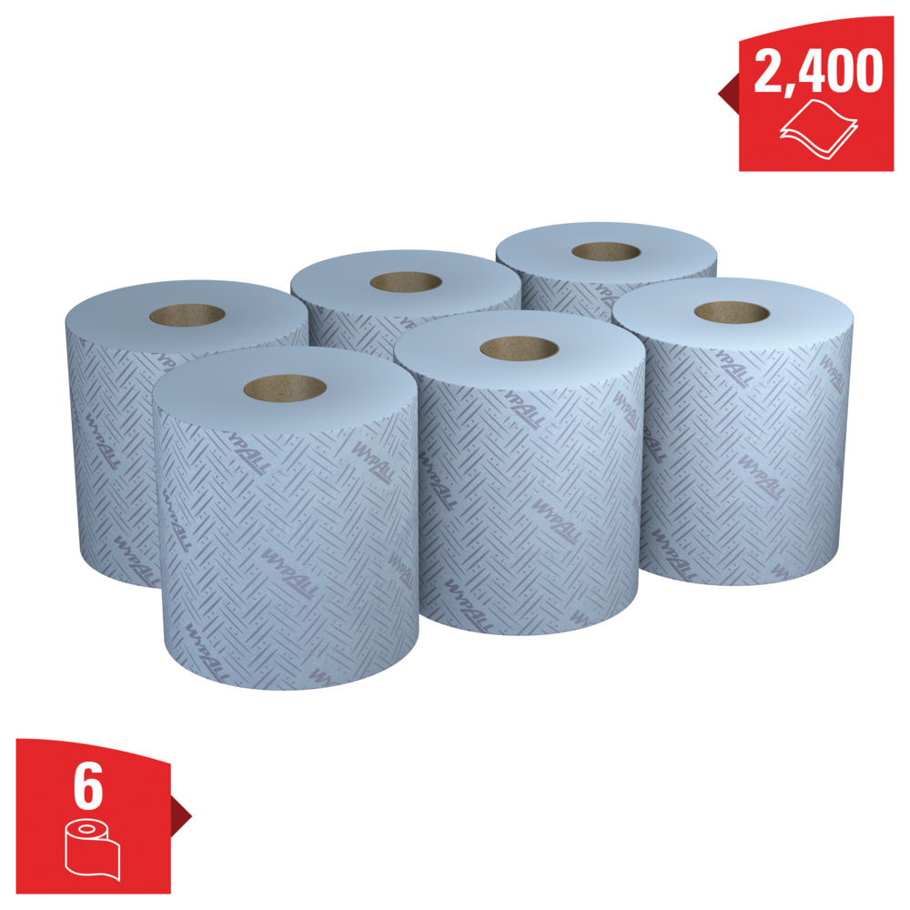Paños de papel de color azul para mantenimiento y limpieza WypAll® L20 7277 - Rollos con dispensación central de 2 capas - 6 rollos azules x 400 paños de papel (2400 en total) - 7277