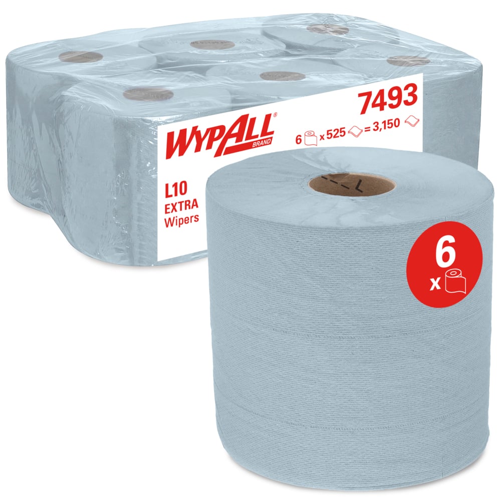 WypAll® L10 Extra Wischtücher 7493 im RCS-System mit Zentralentnahme – 6 Blaue Rollen mit je 525 Reinigungstüchern - blau, 1-lagig - 7493