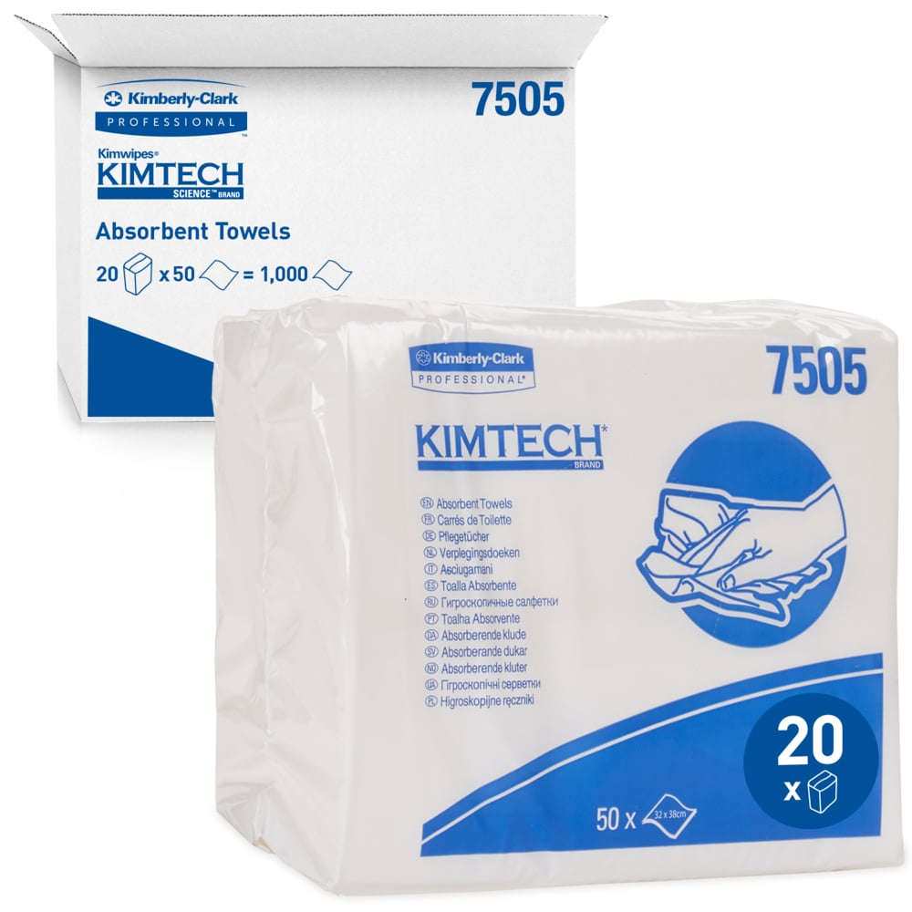 Essuie-mains pliés absorbants Kimtech® 7505 - 50 formats par sachet (20 sachets par carton) - 7505