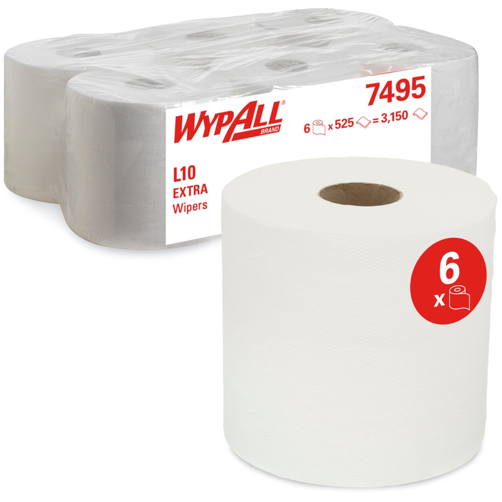 Essuyeurs WypAll® L10 Extra - Dévidage central Roll Control™ 7495 - 6 rouleaux de 525 formats blancs, 1 épaisseur - 7495