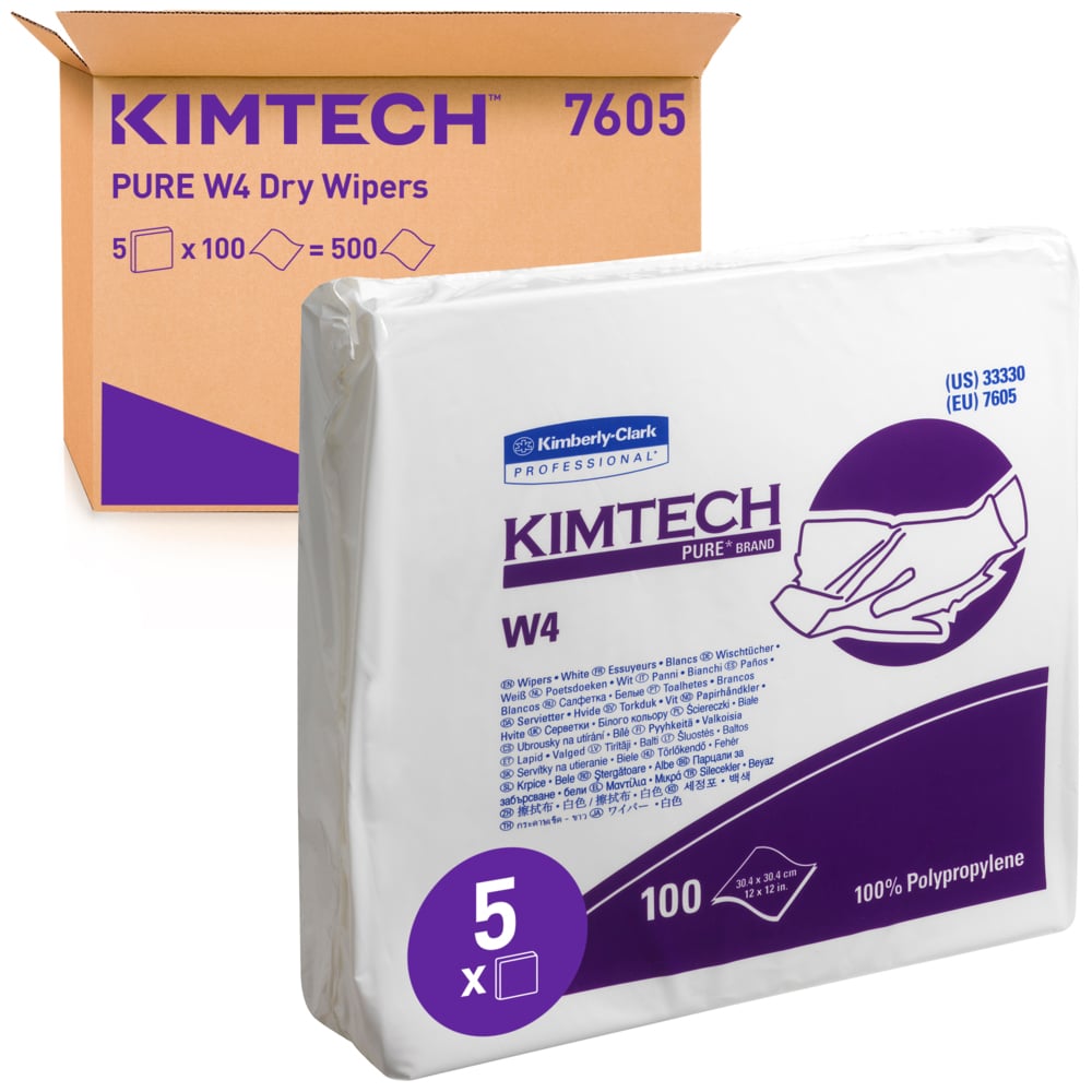 Pack of 100 Wipers Kimberly Clark KIMTECH 33330 Pure W4 Dry Wipers 12"X12" 