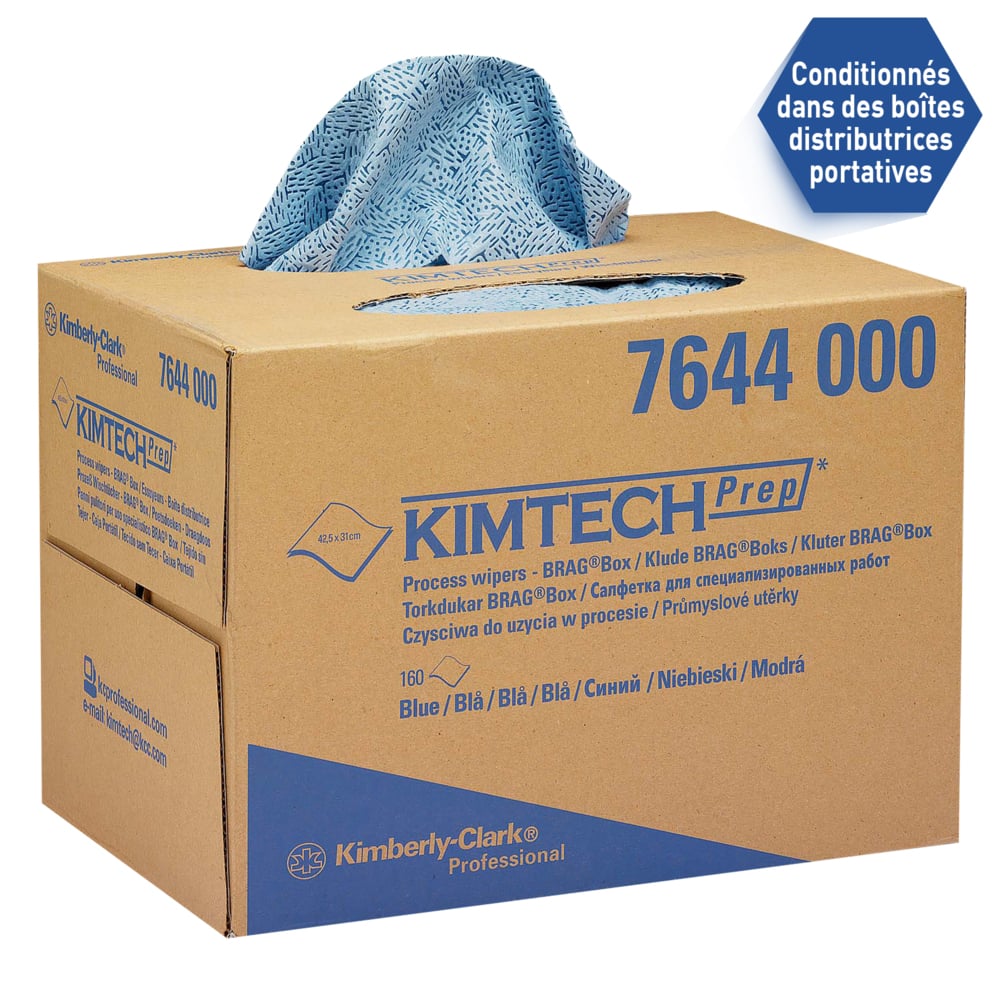 Essuyeurs Process Kimtech® 7644 - 1 boîte distributrice BRAG™ de 160 essuyeurs bleus - 7644