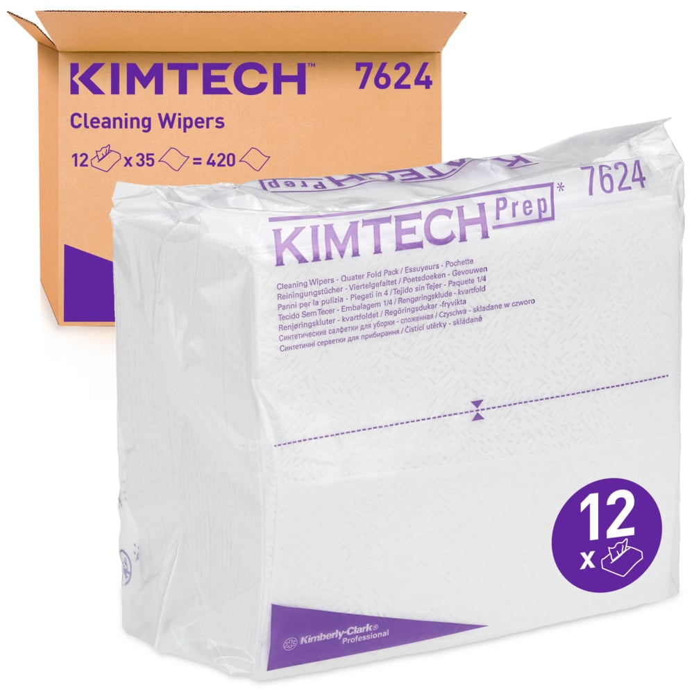 Kimtech® Pure Reinigungstücher 7624 – 35 viertelgefaltete, weiße, 1-lagige Tücher pro Beutel (Packung enthält 12 Beutel) - 7624