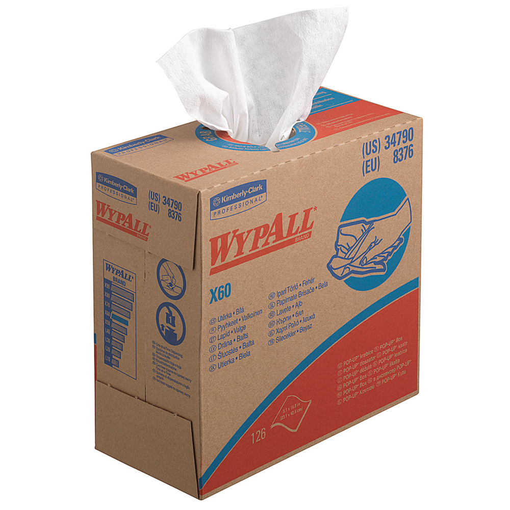 WypAll® X60 Cloths 8376 - Cleaning Cloths - 10 POP-UP™ Boxes x 126 White Wiping Cloths (1,260 total);WypAll® X60 Cloths 8376 - Cleaning Cloths - 10 Pop-Up Boxes x 126 White Wiping Cloths  (1,260 total) - 8376