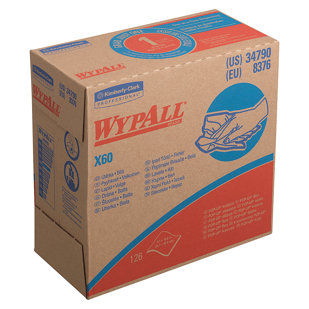 WypAll® X60 Cloths 8376 - Cleaning Cloths - 10 POP-UP™ Boxes x 126 White Wiping Cloths (1,260 total);WypAll® X60 Cloths 8376 - Cleaning Cloths - 10 Pop-Up Boxes x 126 White Wiping Cloths  (1,260 total) - 8376