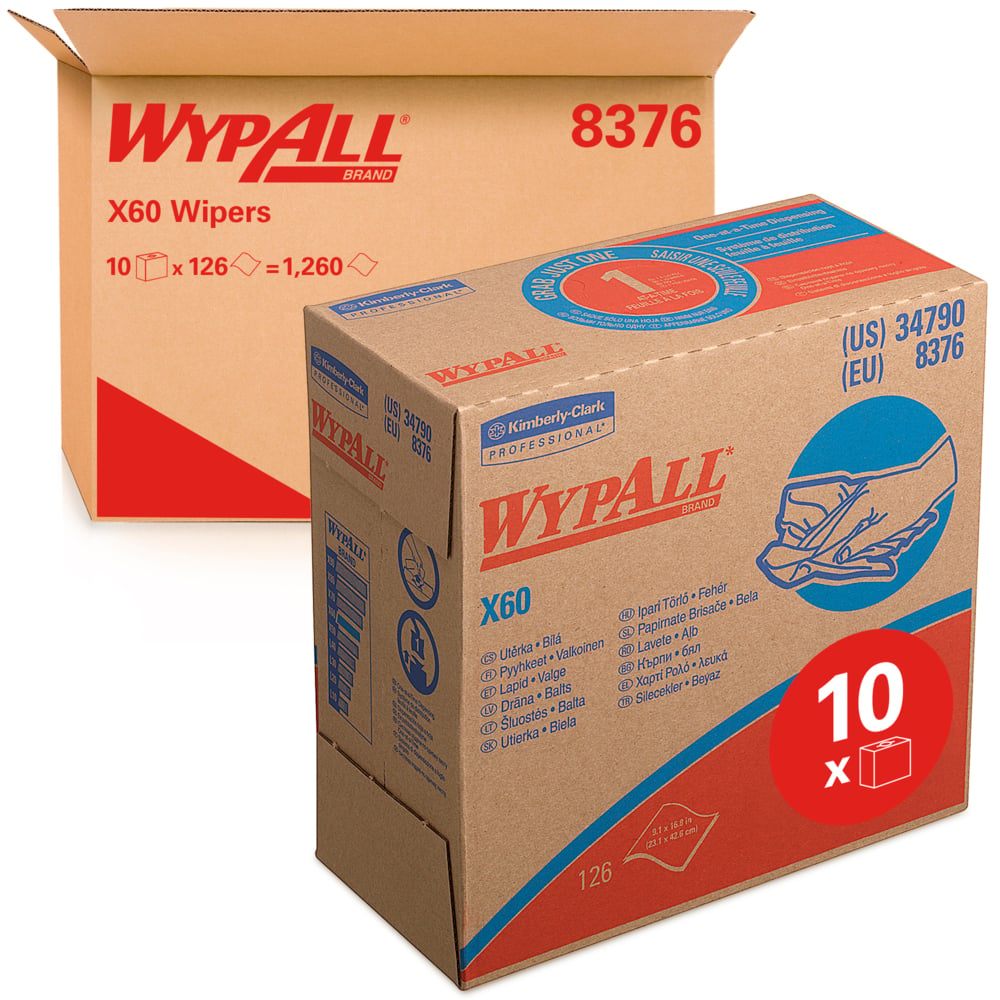 WypAll® X60 Cloths 8376 - Cleaning Cloths - 10 POP-UP™ Boxes x 126 White Wiping Cloths (1,260 total);WypAll® X60 Cloths 8376 - Cleaning Cloths - 10 Pop-Up Boxes x 126 White Wiping Cloths  (1,260 total) - 8376
