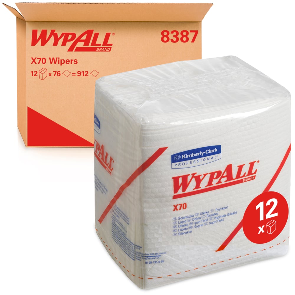Chiffons WypAll® X70 8387 - 12 paquets de 76 chiffons pliés en quatre, blancs, 1 épaisseur - 8387