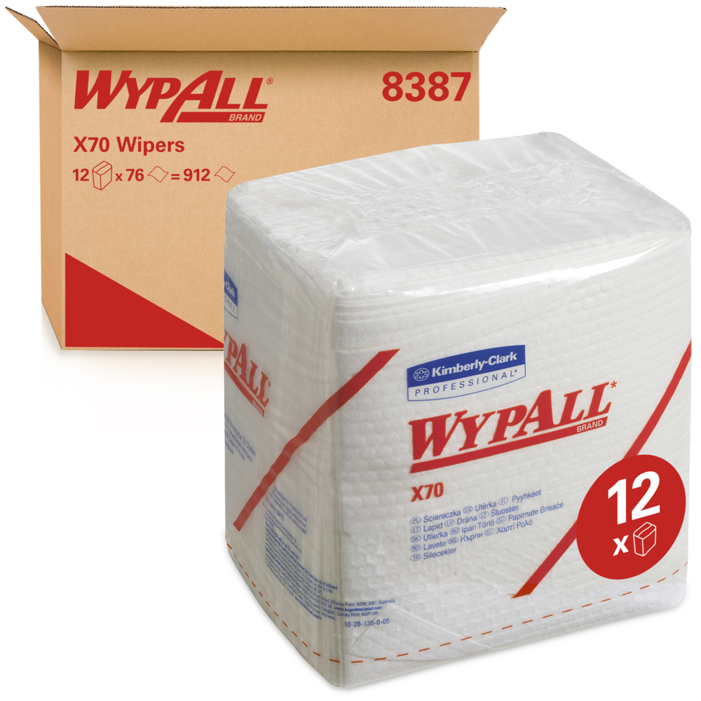 WypAll® X70 Power Clean™-Reinigungstücher 8387 – wiederverwendbare Tücher – 12 Packungen x 76 viertelgefaltete weiße saugfähige Tücher (insges. 912);WypAll® X70 Reinigungstücher 8387 – 12 Packungen mit je 76 viertelgefalteten, weißen, 1-lagigen Tüchern - 8387