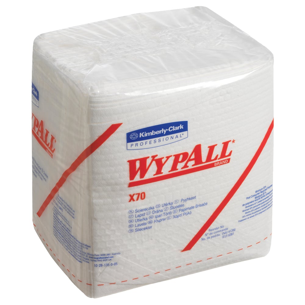 WypAll® X70 Power Clean™-Reinigungstücher 8387 – wiederverwendbare Tücher – 12 Packungen x 76 viertelgefaltete weiße saugfähige Tücher (insges. 912);WypAll® X70 Reinigungstücher 8387 – 12 Packungen mit je 76 viertelgefalteten, weißen, 1-lagigen Tüchern - 8387