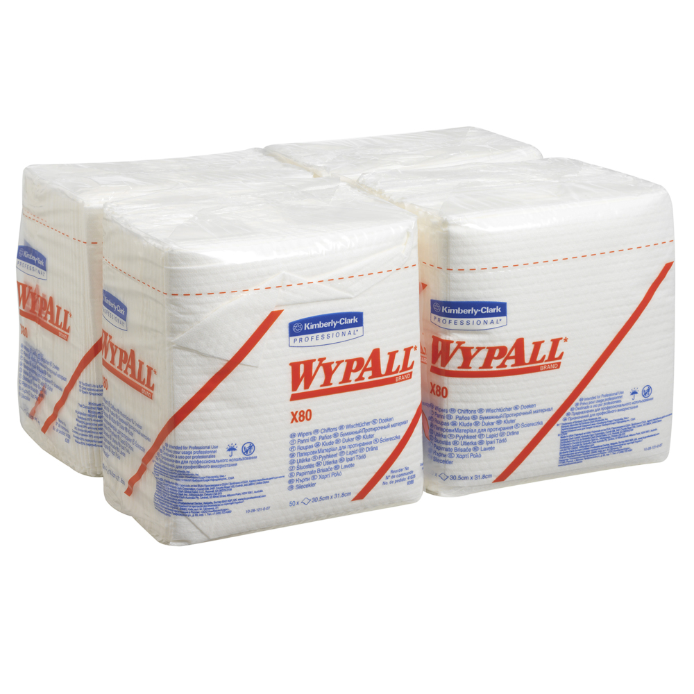 WypAll® X80 Reinigungstücher 8388 – 4 Packungen mit je 50 viertelgefalteten, weißen, 1-lagigen Tüchern - 8388