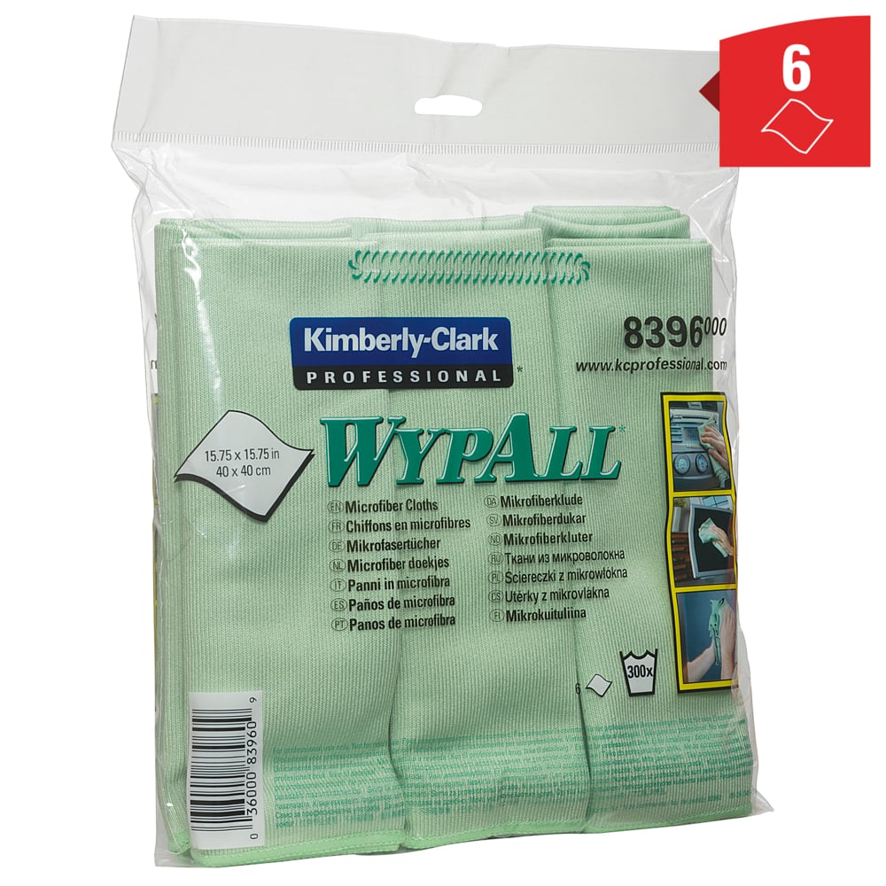 Chiffons en microfibres WypAll® 8396 - 4 paquets de 6 chiffons verts de 40 x 40 cm (24 au total) - 8396