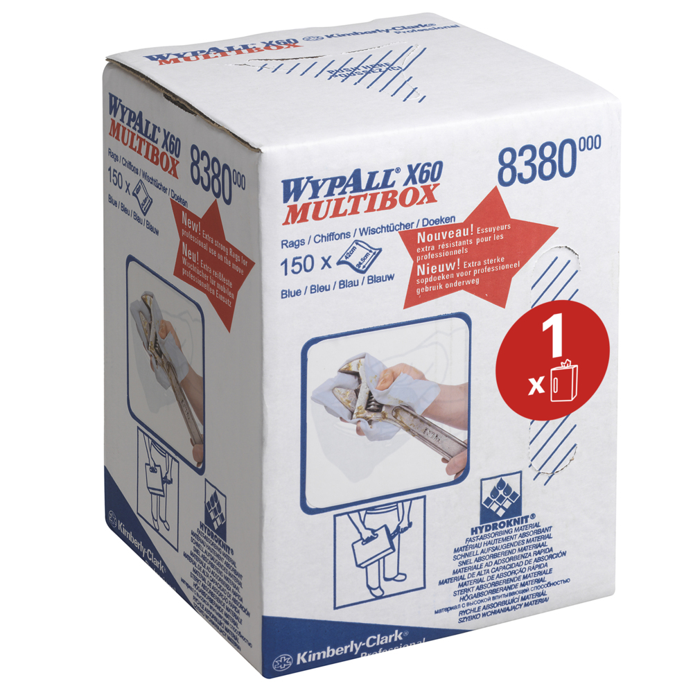 WypAll® X60 Reinigungstücher 8380 – Putzrolle mit Zentralentnahme, blau - 1 blaue Putzrolle mit Zentralentnahme x 150 industrielle Reinigungstücher - 8380