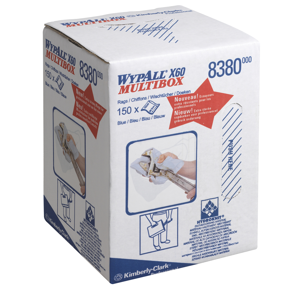 Chiffons WypAll® X60 8380 - 1 rouleau à dévidage central de 150 chiffons bleus, 1 épaisseur - 8380