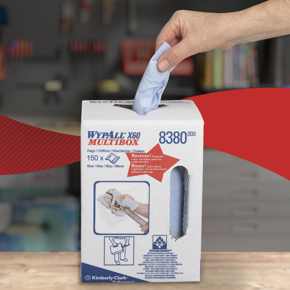 Chiffons WypAll® X60 8380 - 1 rouleau à dévidage central de 150 chiffons bleus, 1 épaisseur - 8380