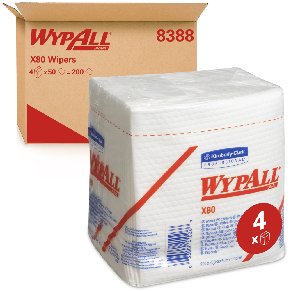 WypAll® X80 Power Clean™-Reinigungstücher 8388 – wiederverwendbare Tücher – 4 Packungen x 50 viertelgefaltete weiße saugfähige Tücher (insges. 200);WypAll® X80 Reinigungstücher 8388 – 4 Packungen mit je 50 viertelgefalteten, weißen, 1-lagigen Tüchern - 8388