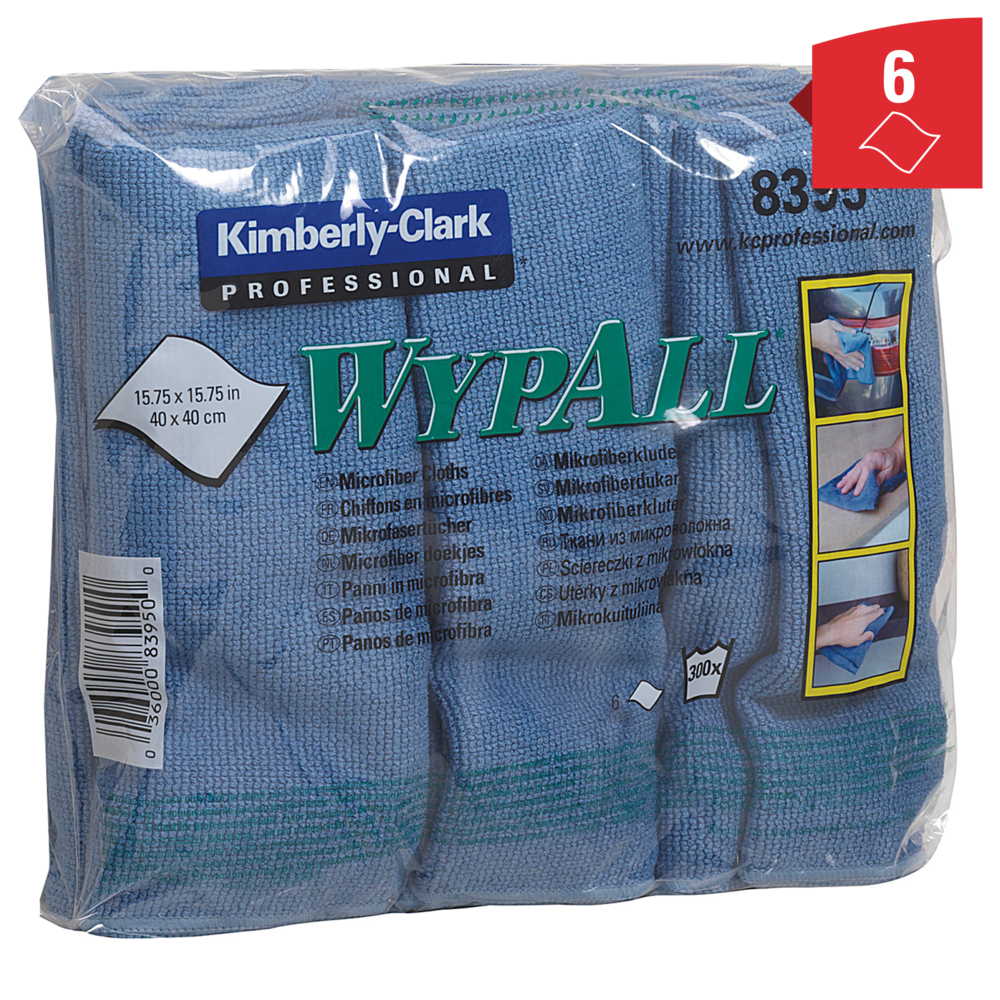 Chiffons en microfibres WypAll® 8395 - 4 paquets de 6 chiffons bleus de 40 x 40 cm (24 au total)  - 8395