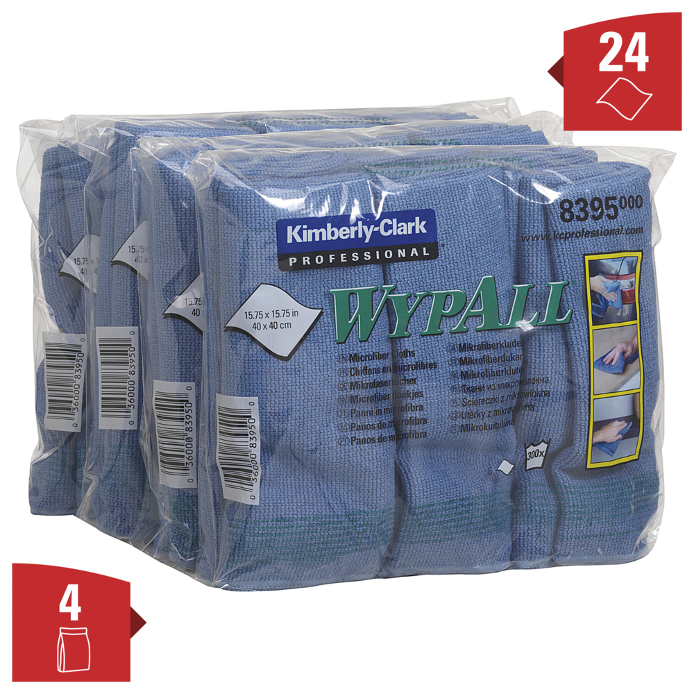 Chiffons en microfibres WypAll® 8395 - 4 paquets de 6 chiffons bleus de 40 x 40 cm (24 au total)  - 8395