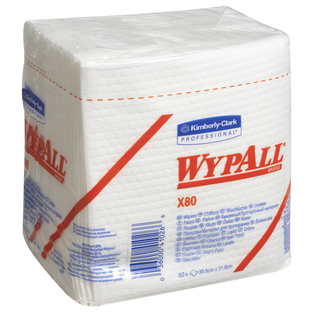 WypAll® X80 Power Clean™-Reinigungstücher 8388 – wiederverwendbare Tücher – 4 Packungen x 50 viertelgefaltete weiße saugfähige Tücher (insges. 200);WypAll® X80 Reinigungstücher 8388 – 4 Packungen mit je 50 viertelgefalteten, weißen, 1-lagigen Tüchern - 8388