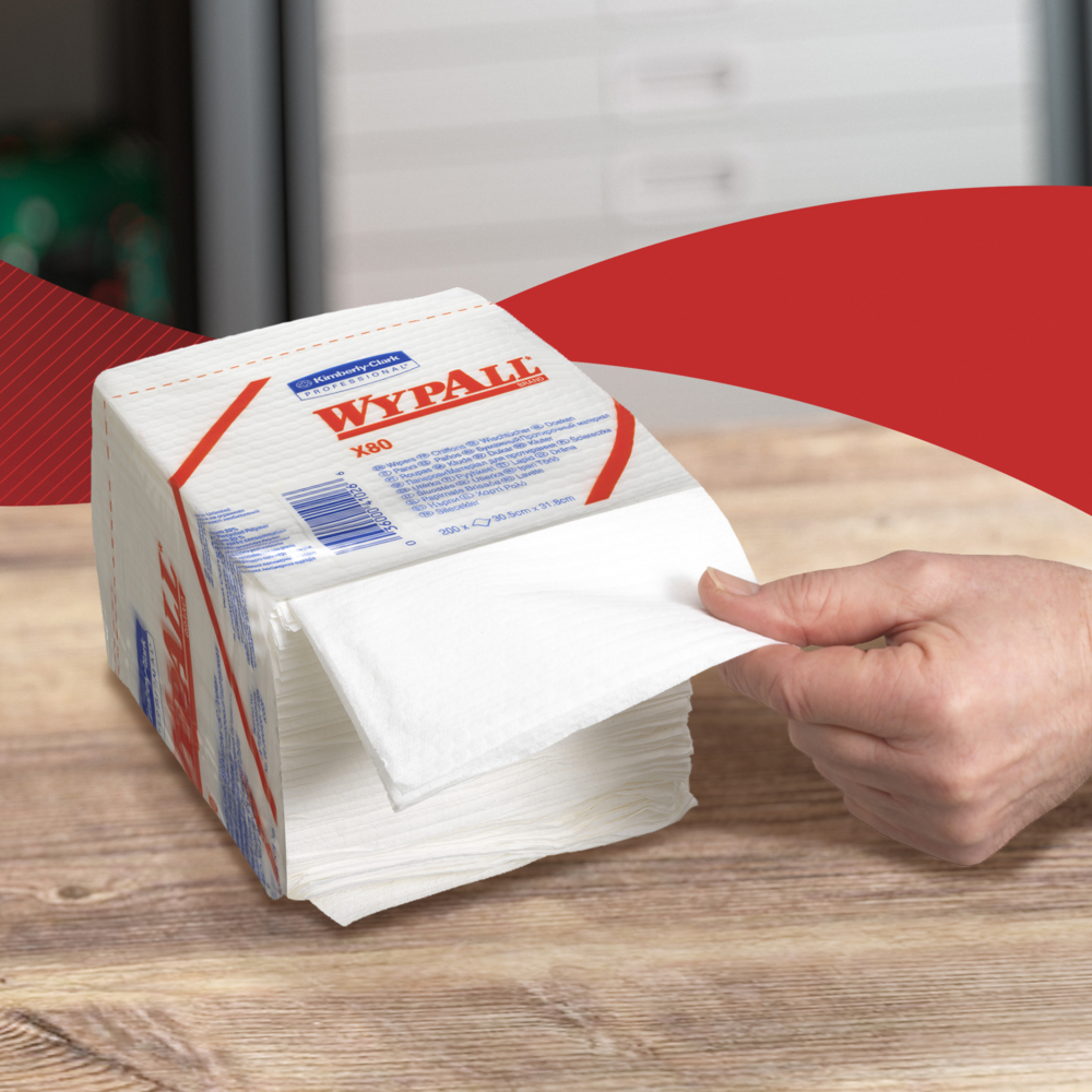 WypAll® X80 Reinigungstücher 8388 – 4 Packungen mit je 50 viertelgefalteten, weißen, 1-lagigen Tüchern - 8388