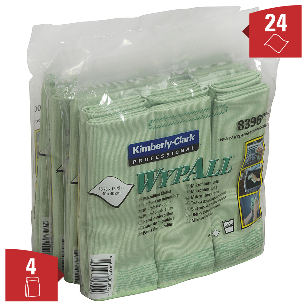 Chiffons en microfibres WypAll® 8396 - 4 paquets de 6 chiffons verts de 40 x 40 cm (24 au total) - 8396