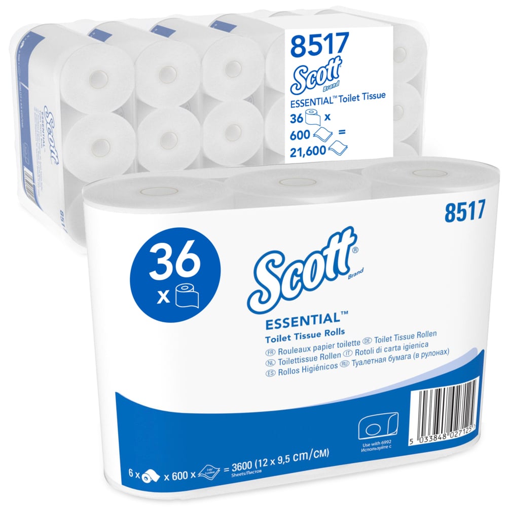 Scott® Essential™ Carta igienica a 2 veli 8517, 36 rotolini da 600 strappi, Igiene ed efficienza, Maxi Pack, Bianco - 8517