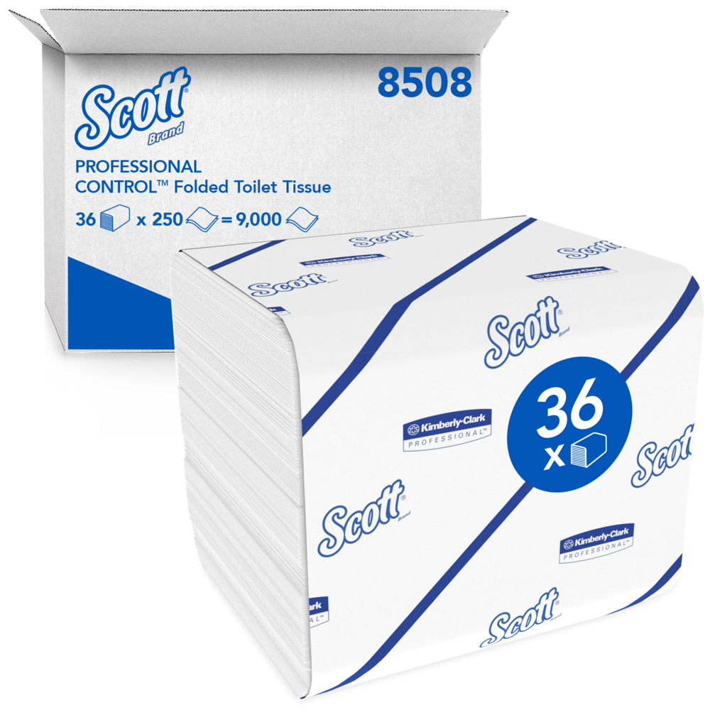 Papier toilette plié 2 épaisseurs Scott® Control™ 8508 - 36 x paquets de  250 feuilles (9 000 au total);Papier toilette plié Scott® Control™ 8508 - 2  plis - 36 paquets x 250 feuilles blanches (9 000 feuilles au total)