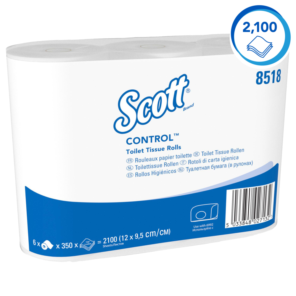 Papier toilette en rouleau standard Scott® Control™ 8518, 36 rouleaux de 350 feuilles blanches, 3 épaisseurs (12 600 feuilles au total) - 8518