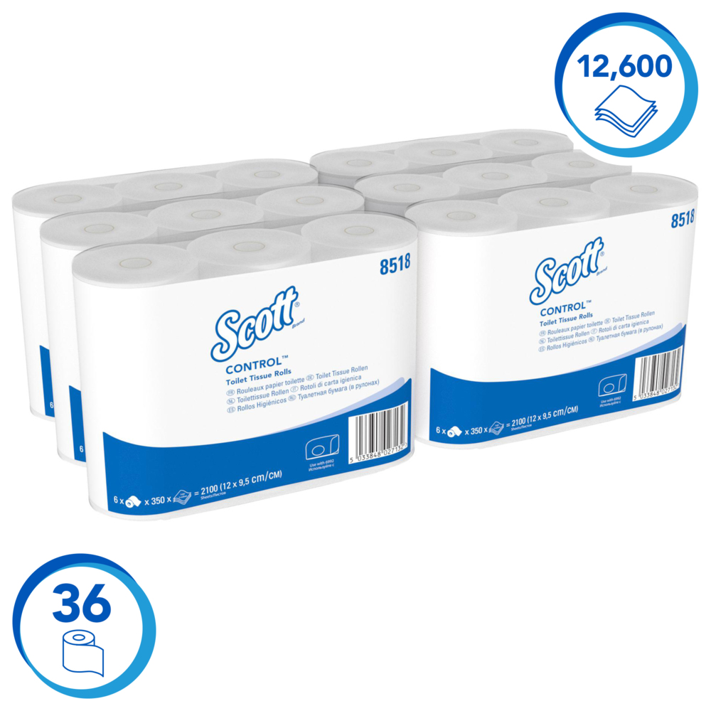 Scott® Control™ Papel higiénico en rollo estándar 8518, 36 rollos x 350 hojas blancas de 3 capas (12.600 hojas) - 8518
