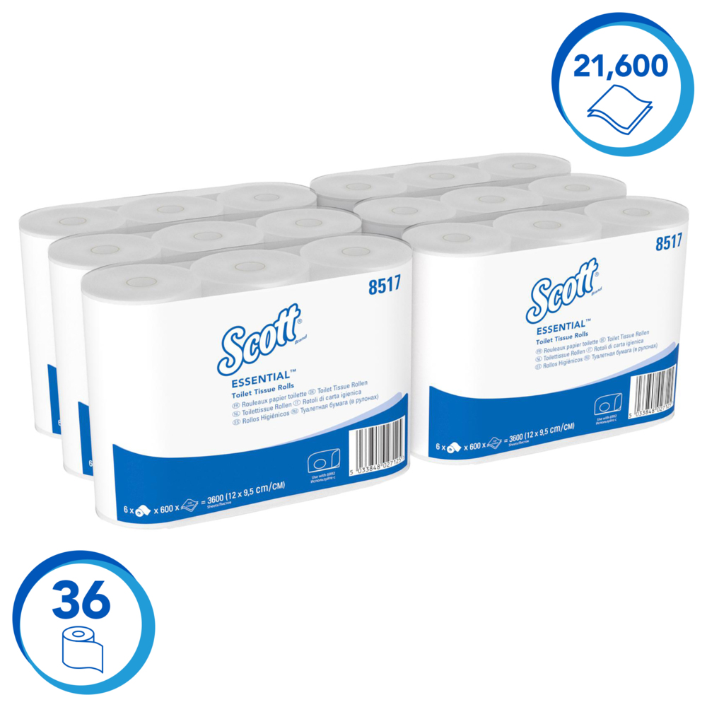 Scott® Essential™ Standaardrol wc papier 8517 - 36 rollen x 600 witte, 2-laags vellen (21.600 vellen) - 8517
