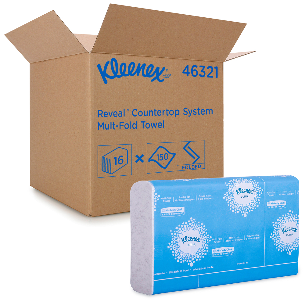 Kleenex® Reveal Multi-Fold Hand Towels (46321), 8” x 9.4”, For Kleenex® Reveal Countertop System Dispenser, White, 2,400 Towels / Case, 16 Packs of 150 Paper Towels - 46321