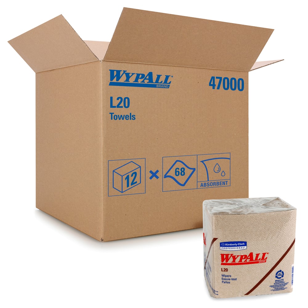 Serviettes à usage limité WypAll L20 (47000), format à quatre plis, beige/naturel, 2 épaisseurs, 12 paquets/caisse, 68 feuilles/paquet - 47000