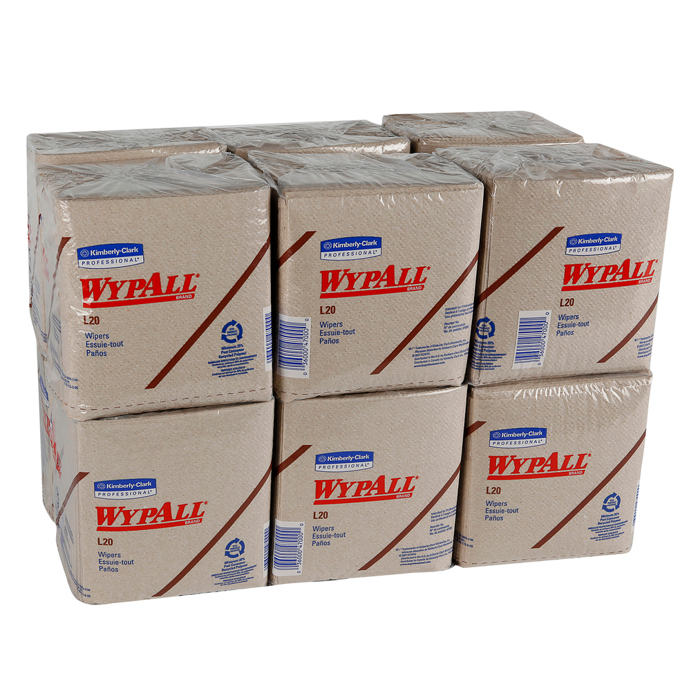 WypAll® L20 Limited Use Towels (47000), Quarterfold Format, Tan / Natural, 2-Ply, 12 Packs / Case, 68 Sheets / Pack - 47000