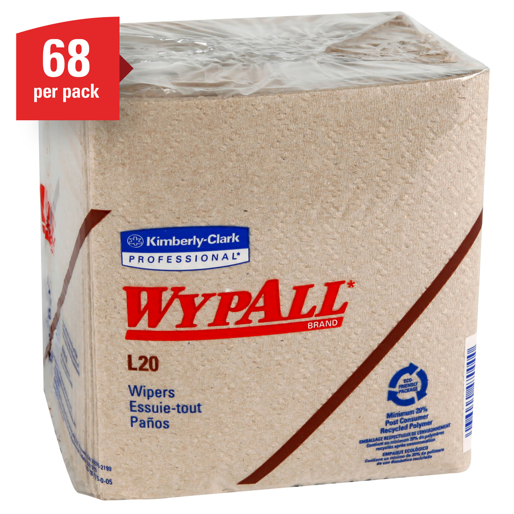 WypAll® L20 Limited Use Towels (47000), Quarterfold Format, Tan / Natural, 2-Ply, 12 Packs / Case, 68 Sheets / Pack - 47000