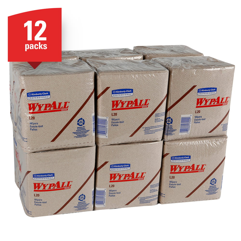 WypAll® L20 Limited Use Towels (47000), Quarterfold Format, Tan / Natural, 2-Ply, 12 Packs / Case, 68 Sheets / Pack - 47000