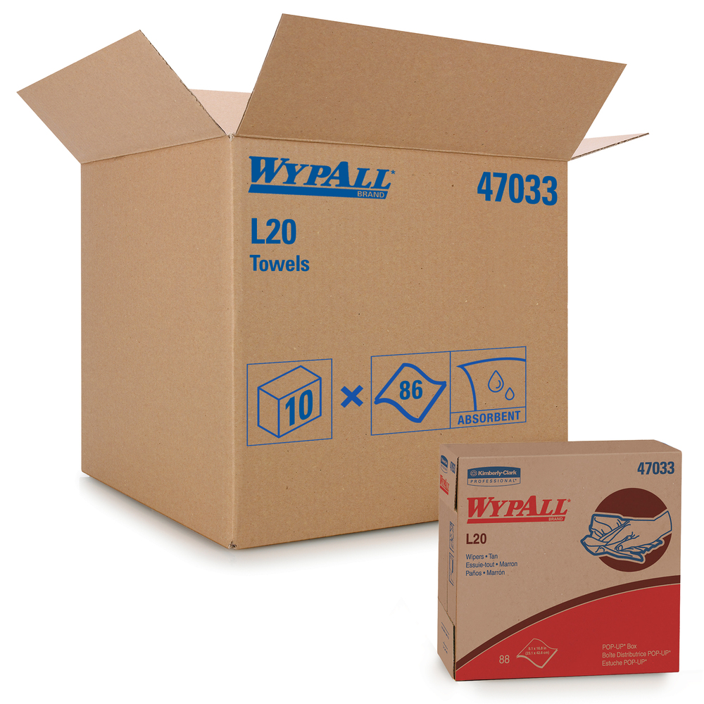 WypAll® L20 Limited Use Towels (47033), Pop-Up Box, Natural Color, 2-Ply, 10 Boxes / Case, 88 Sheets / Box - 47033